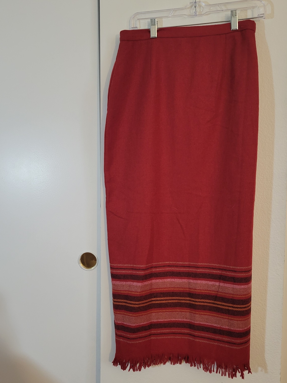 Requirements Red Maxi Skirt with Striped Fringe Hem
